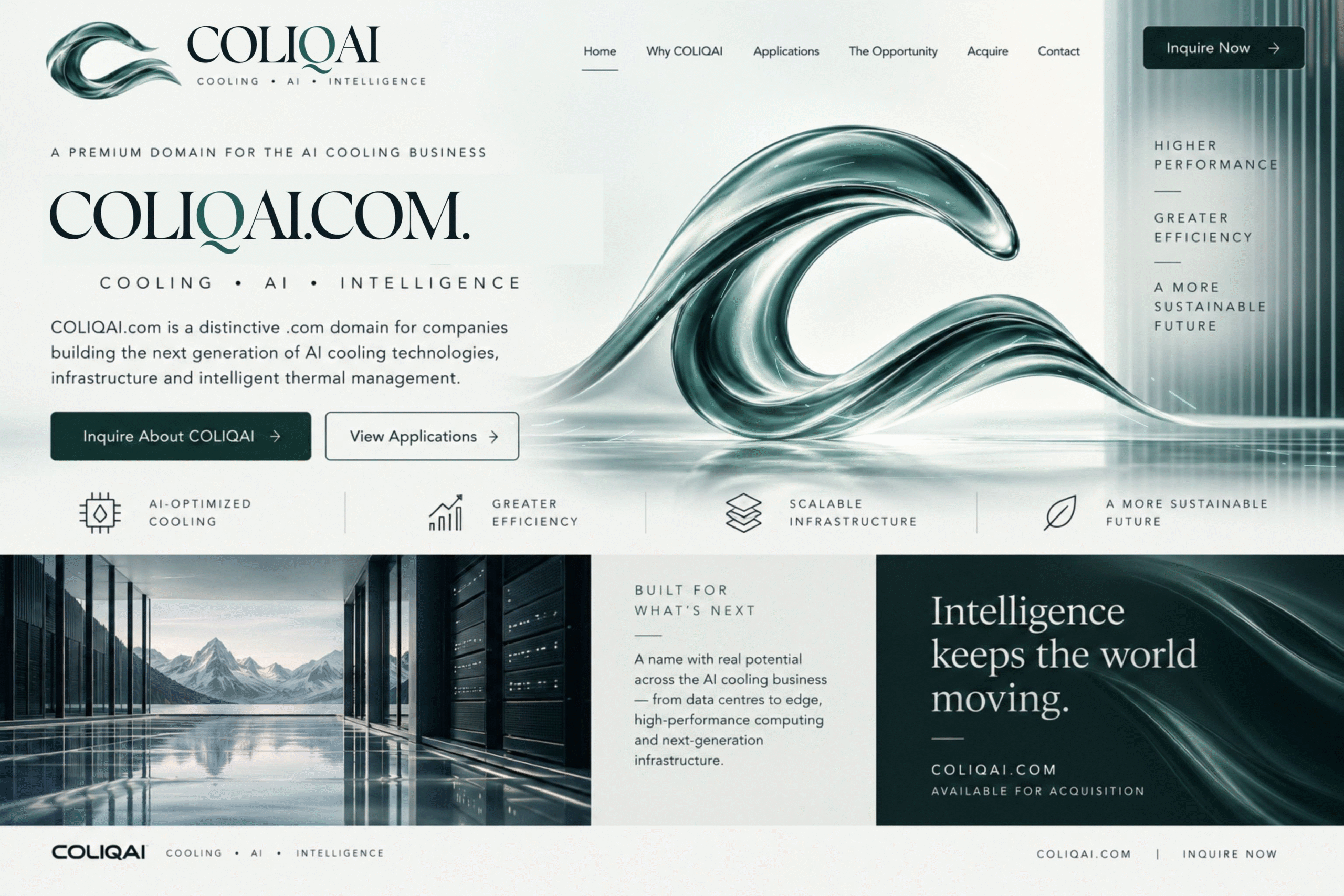 COLIQAI website with the corrected serif wordmark, flowing teal emblem and data-centre imagery