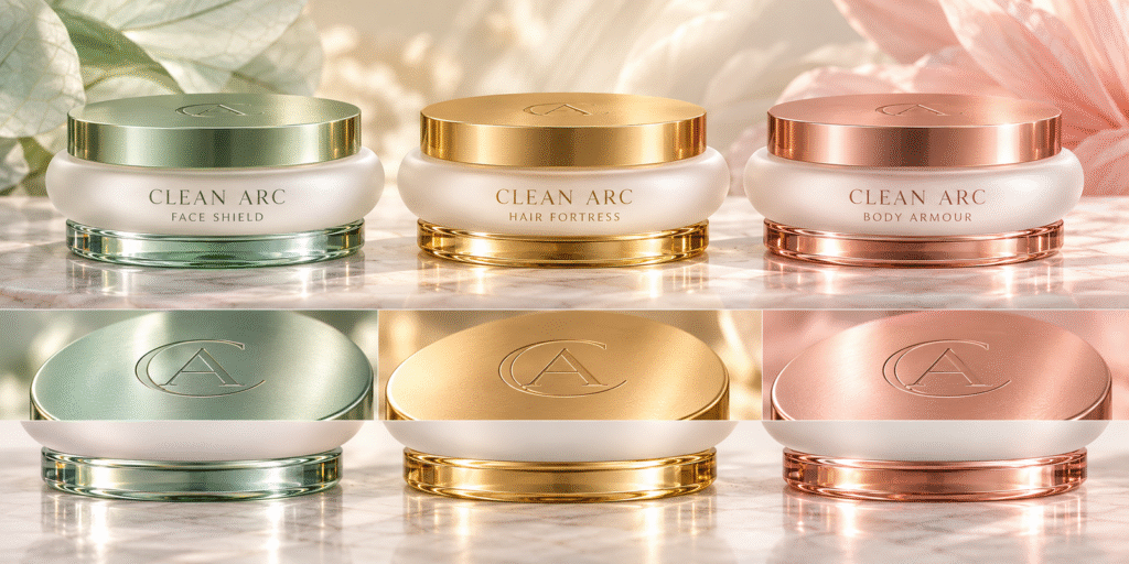 Clean Arc signature skincare glass jar presentation and metallic lid details