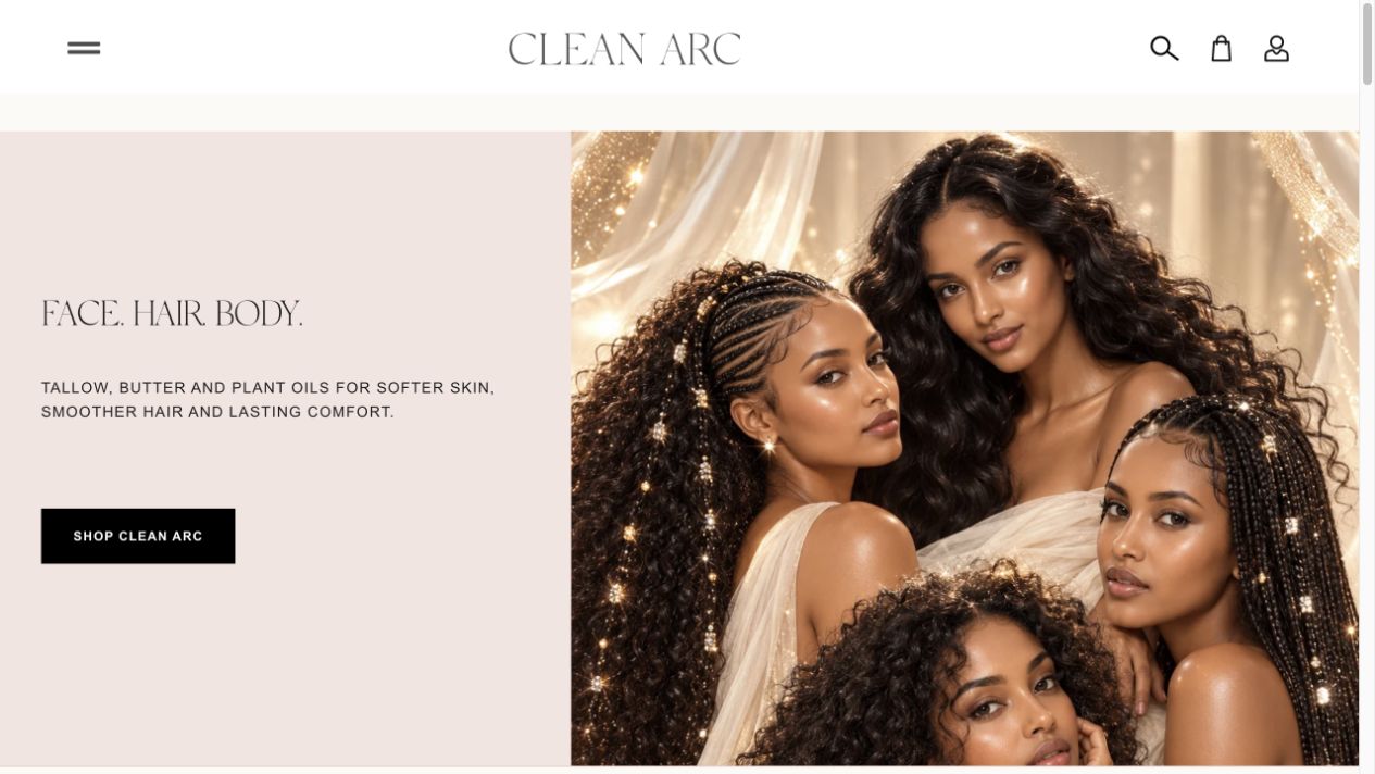 Clean Arc website design showing its product collection and editorial experience