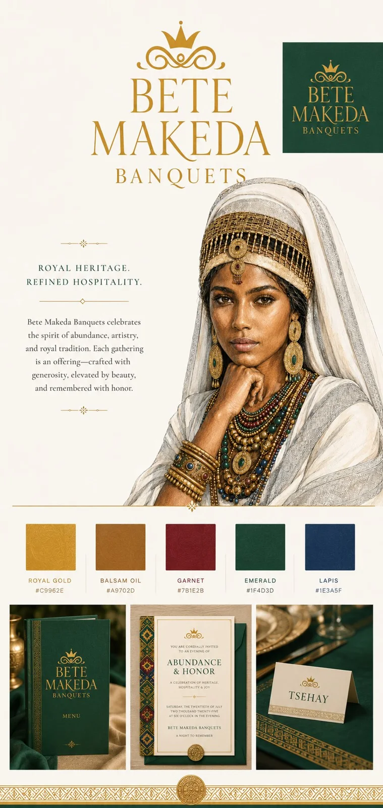 Bete Makeda Banquets identity board with gold, green and jewel-toned palette