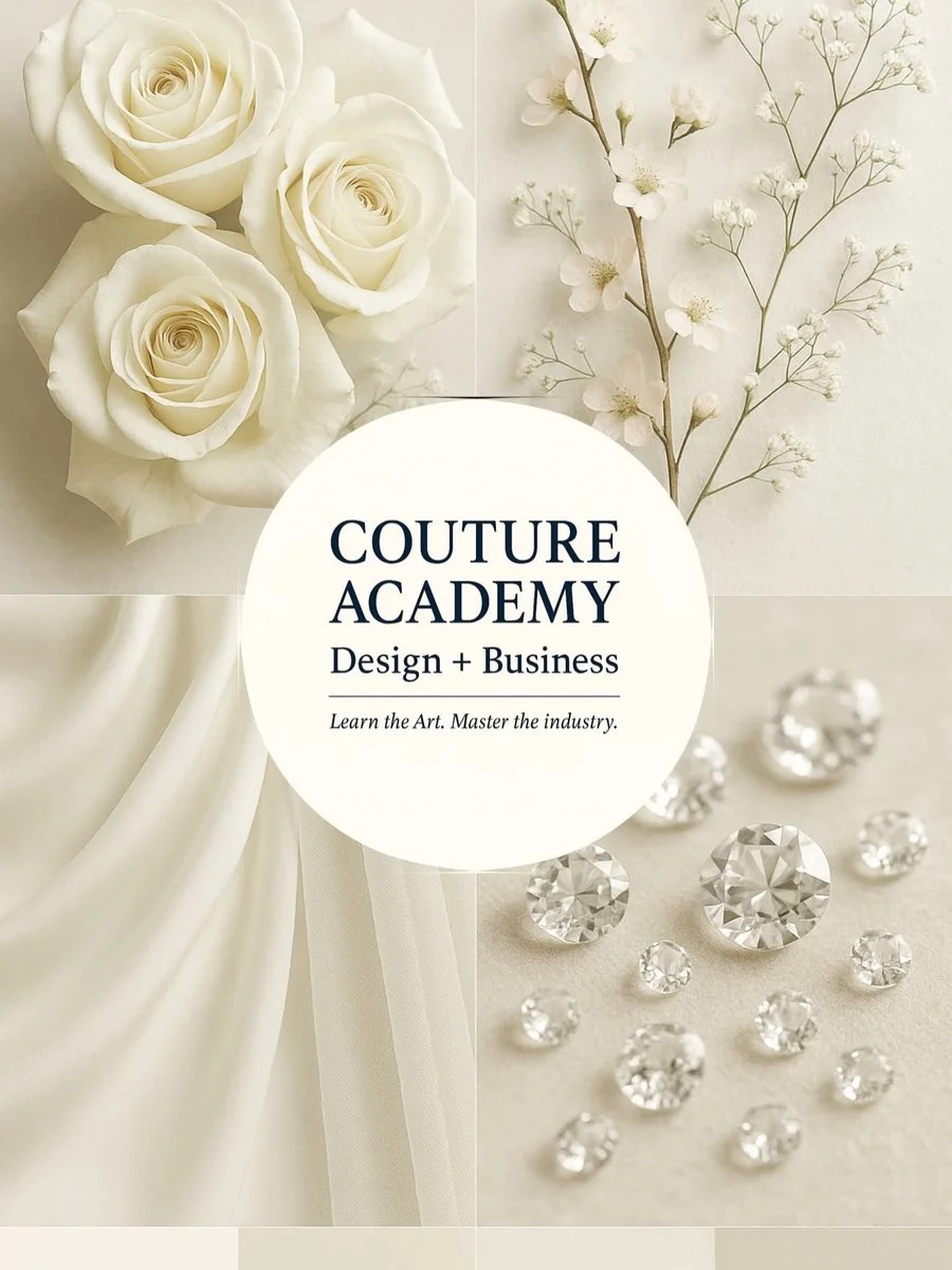 Couture Academy identity moodboard with ivory flowers, fabric and crystal details